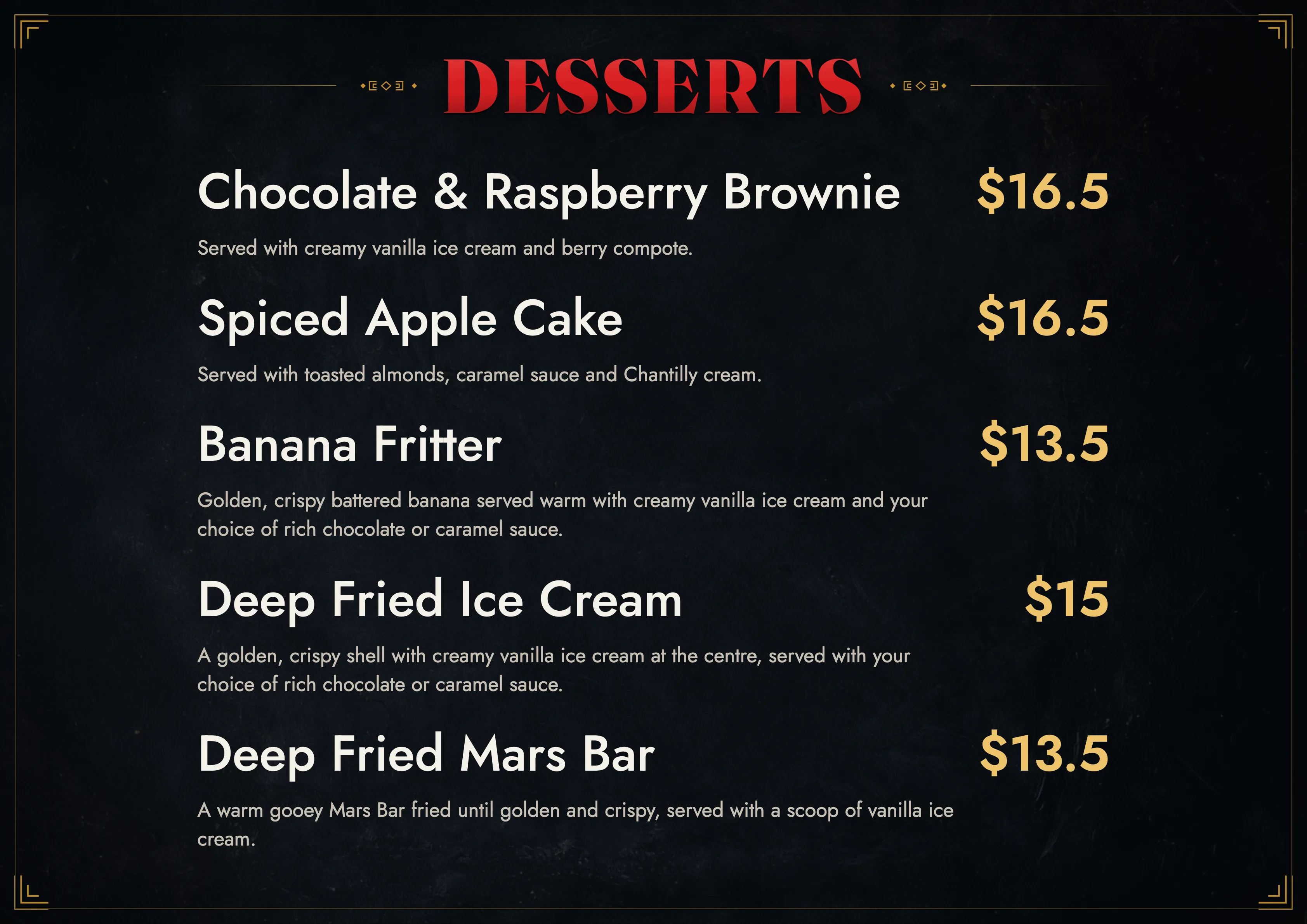 Desserts menu