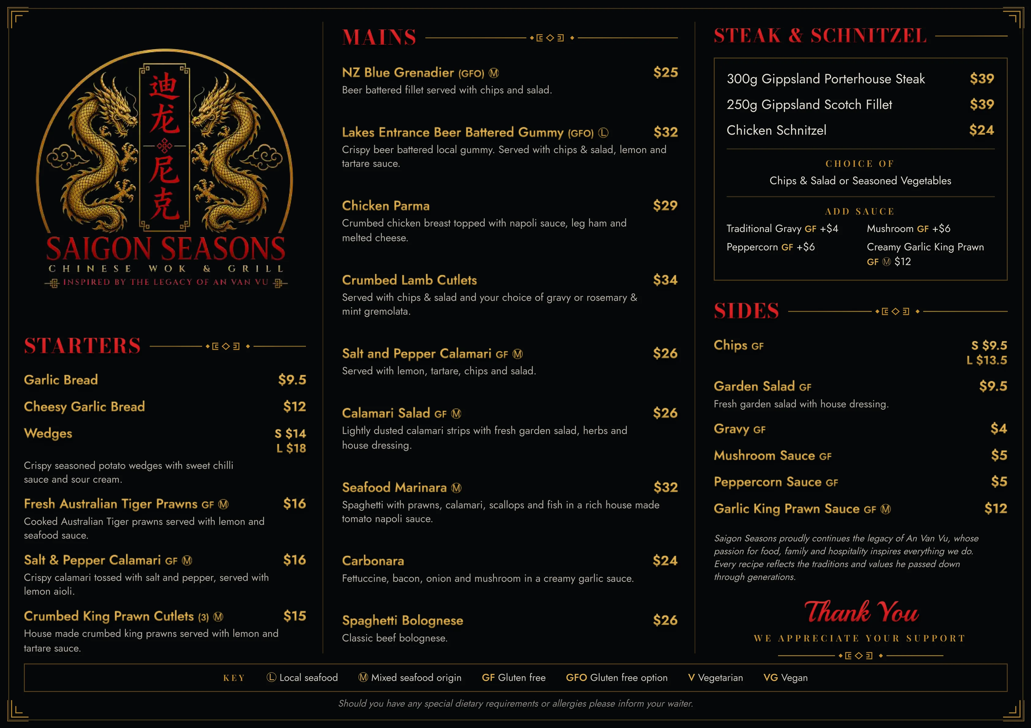 Dinner menu, page 1