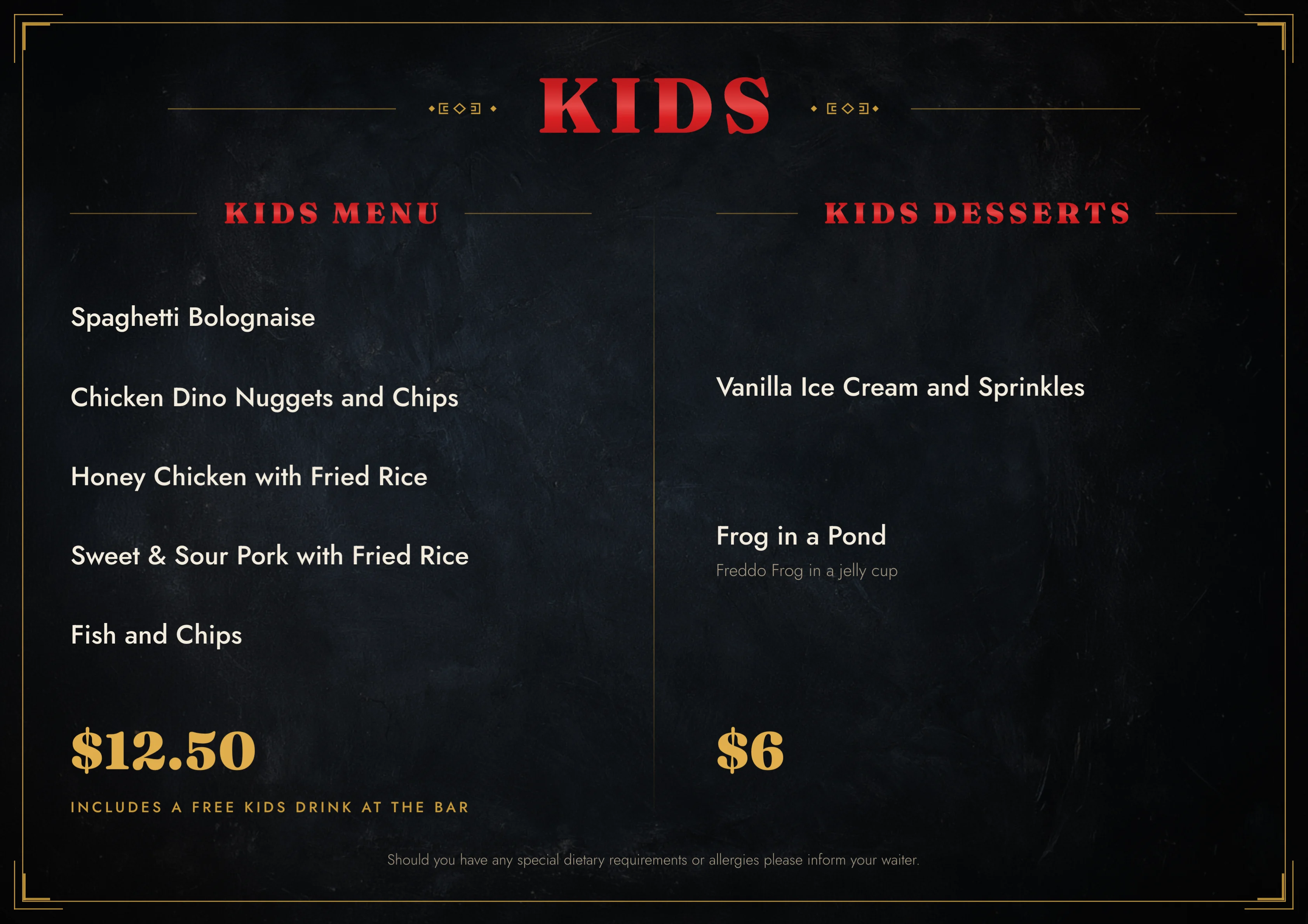 Kids menu